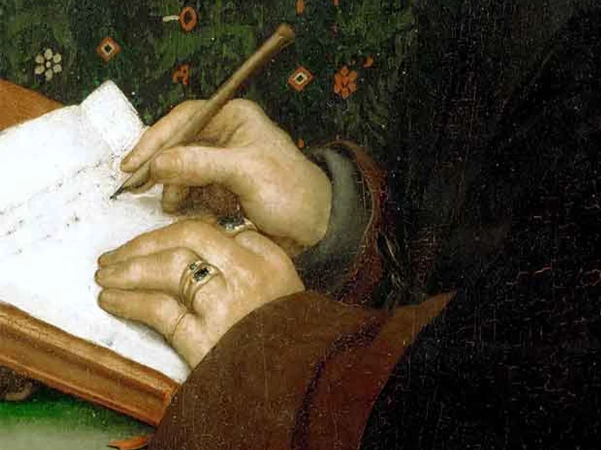 Detail of Holbein’s portrait of Erasmus writing